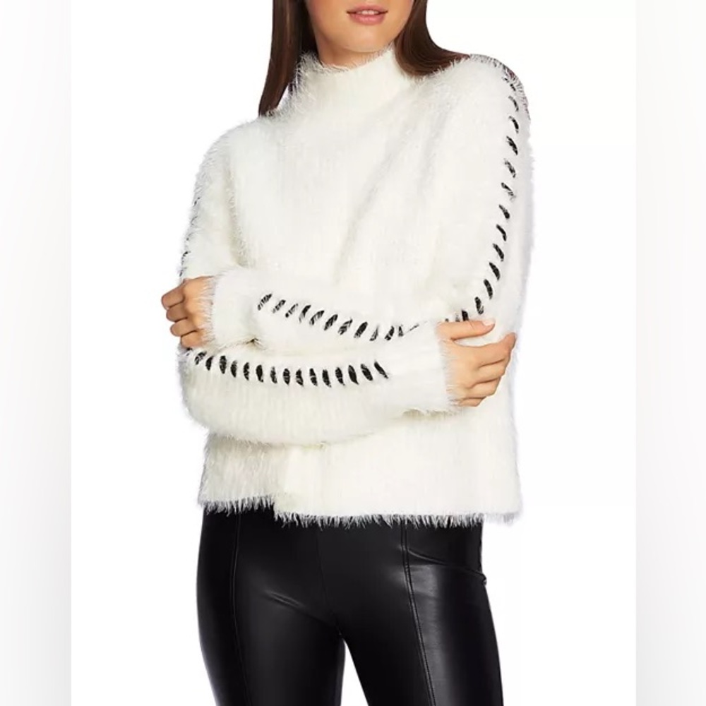 1. STATE Whipstitch Eyelash Knit Sweater Off White Fuzzy Fluffy Chic Size M